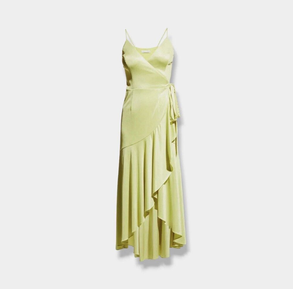 Dress the Population Salome Wrap Dress Lime Yellow Green Ruffle XS High-Low